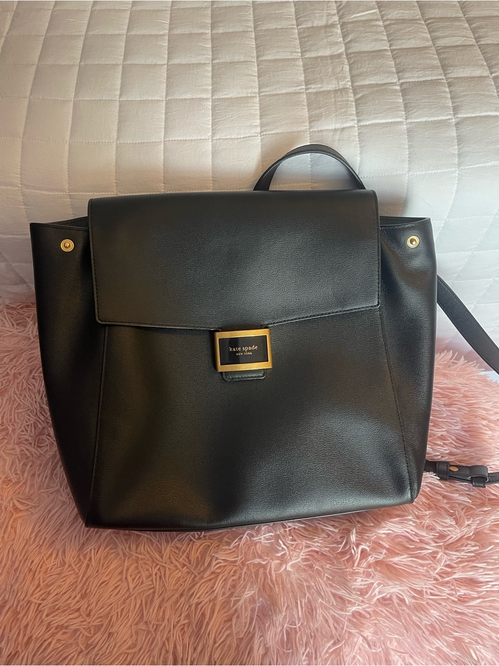 kate spade Black Leather Top-Handle Backpack with Gold Hardware